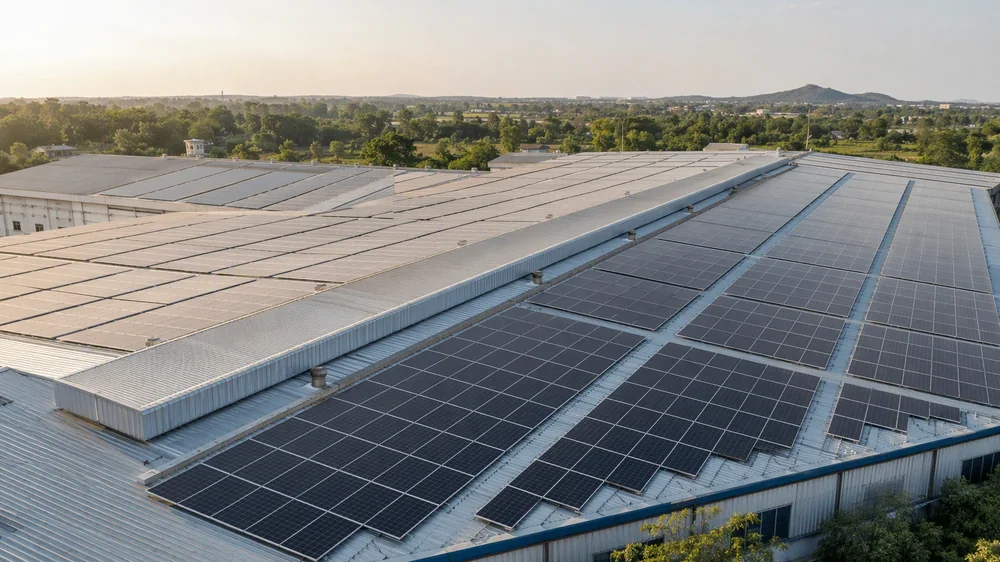 AI-generated illustration of rooftop solar on a business building