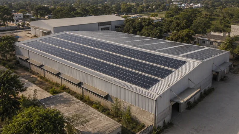 Solar panel rows on an industrial shed roof surrounded by green vegetation
