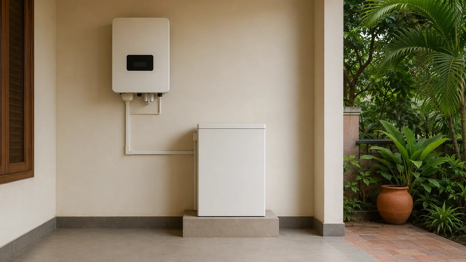 Inverter and battery in a sheltered home alcove beside a green courtyard