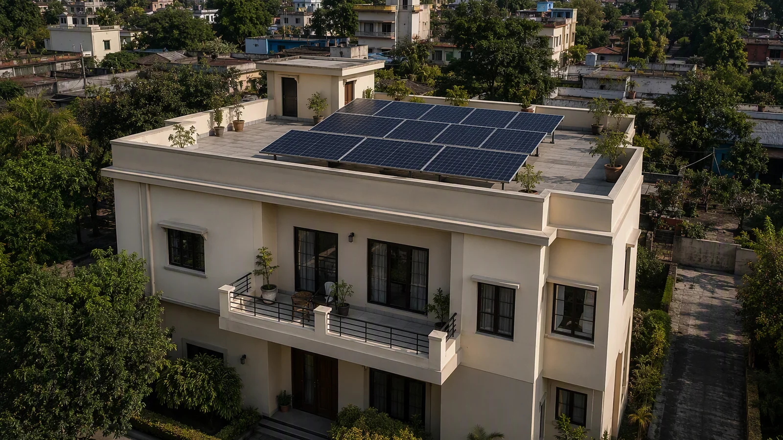 Solar panels on a residential rooftop amid green surroundings