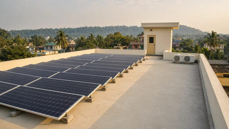 Solar panels arranged on a low-rise hotel rooftop with surrounding greenery