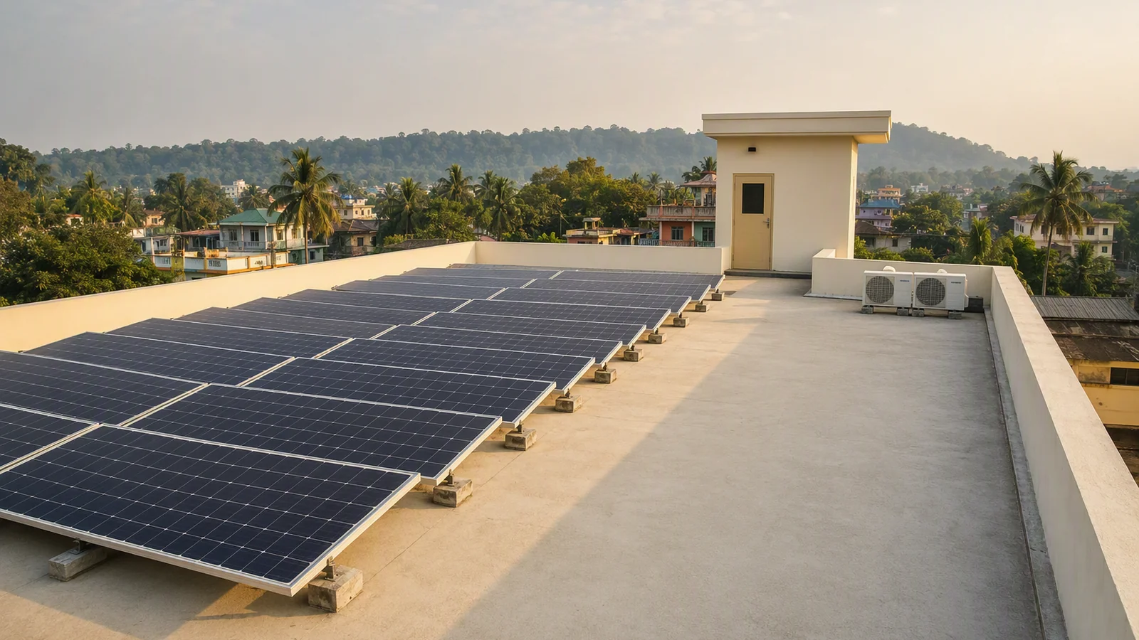 Solar panels arranged on a low-rise hotel rooftop with surrounding greenery
