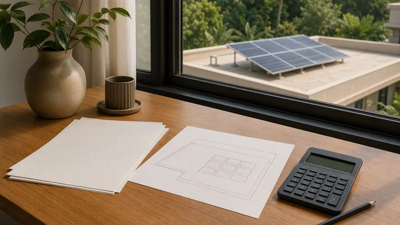 Solar planning documents and a rooftop layout on a worktable