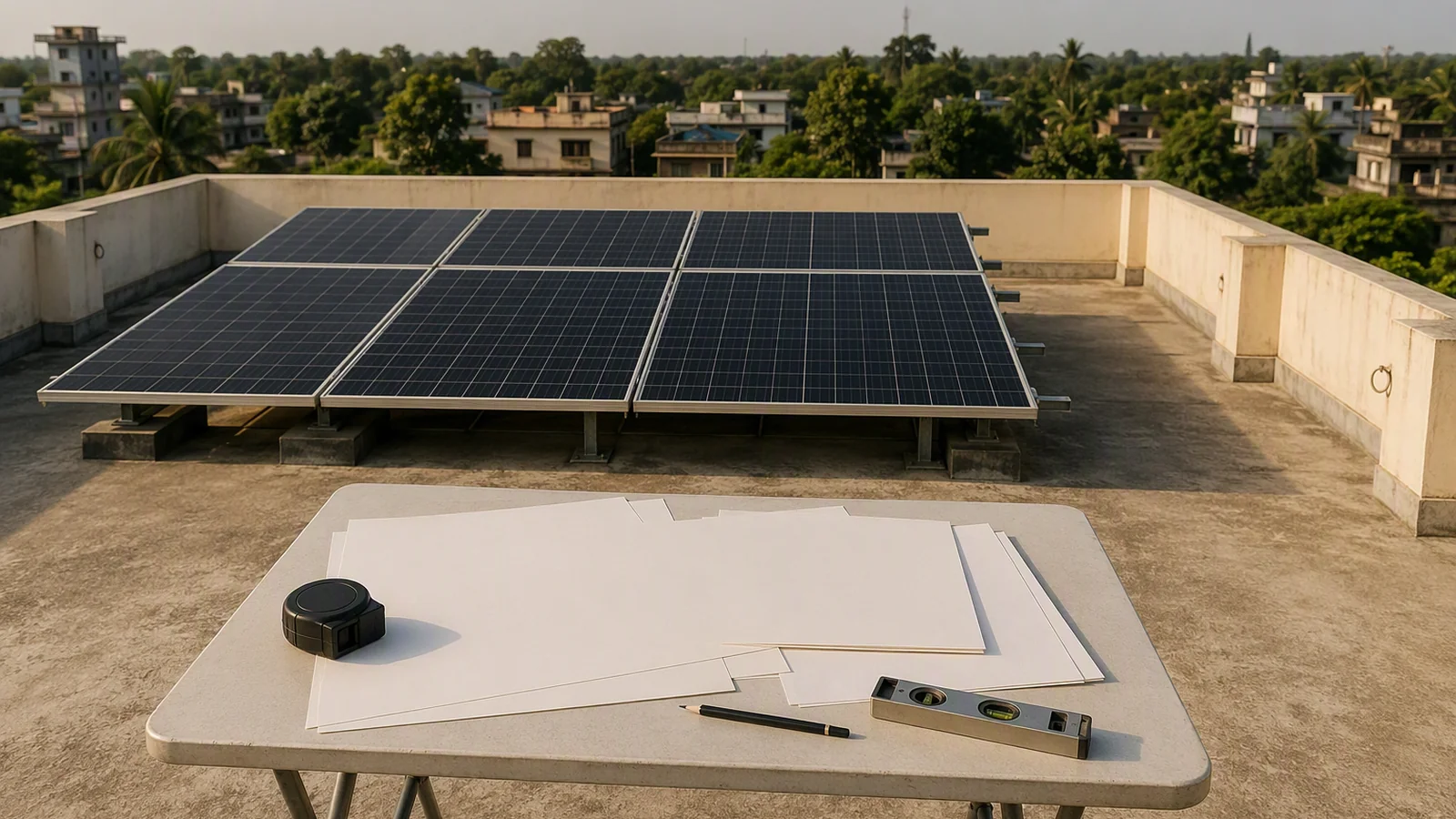 A rooftop solar survey with panels and clear access space