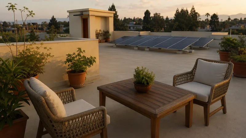 Solar panels beside an open family terrace with plants in warm evening light